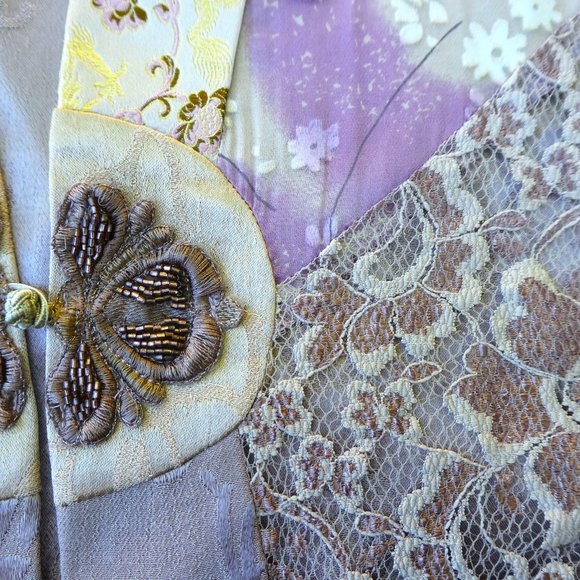 Spencer Alexis SiLK Blend Boho Kimono Top Neutral Beige Pink Knot Button Embosse - Picture 4 of 8